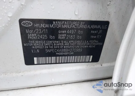 2011 Hyundai Sonata Se 2.0T из США, поврежденный, VIN 5NPEC4AB8BH270989